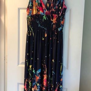 Maxi dress in navy with paint splatter effect.